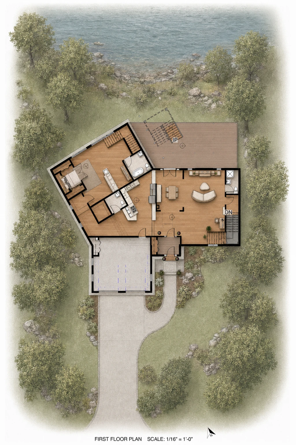 Rendered first-floor site plan for Lake Aleeda House