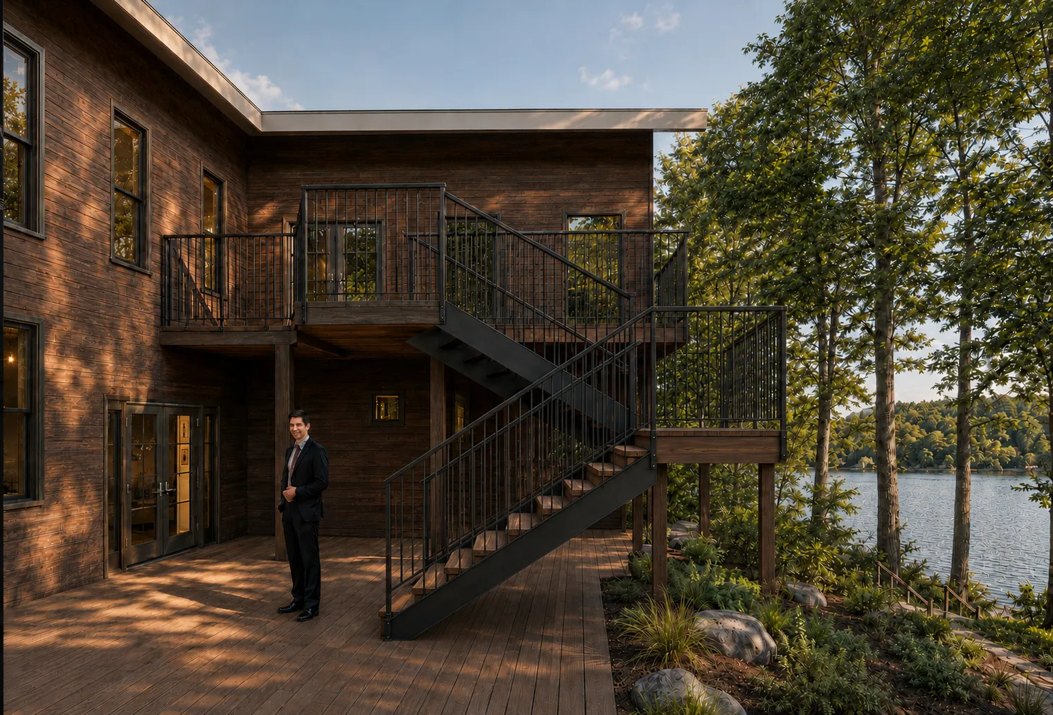 Lake-facing deck and exterior switchback