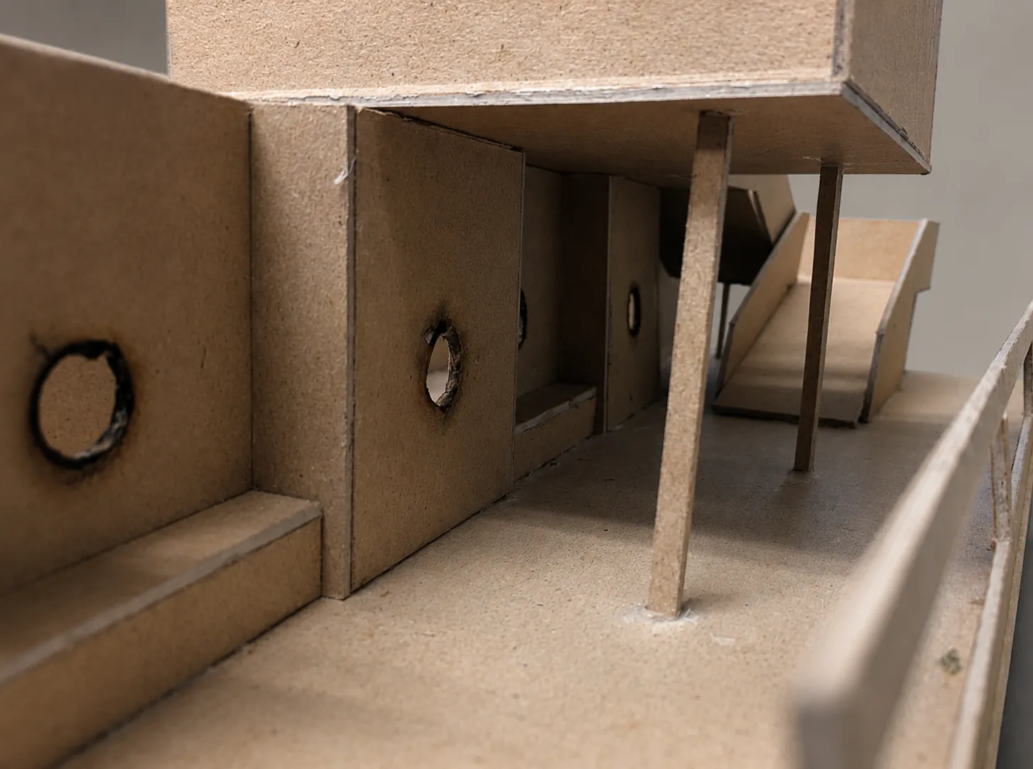 Low interior view through the model's carved passage