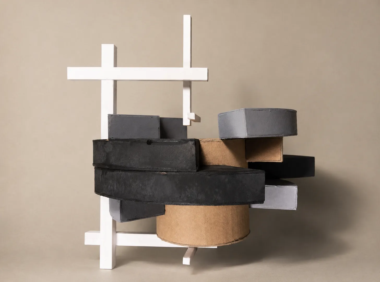 Side view of the abstract model showing layered planes, cylinder, and orthogonal frame