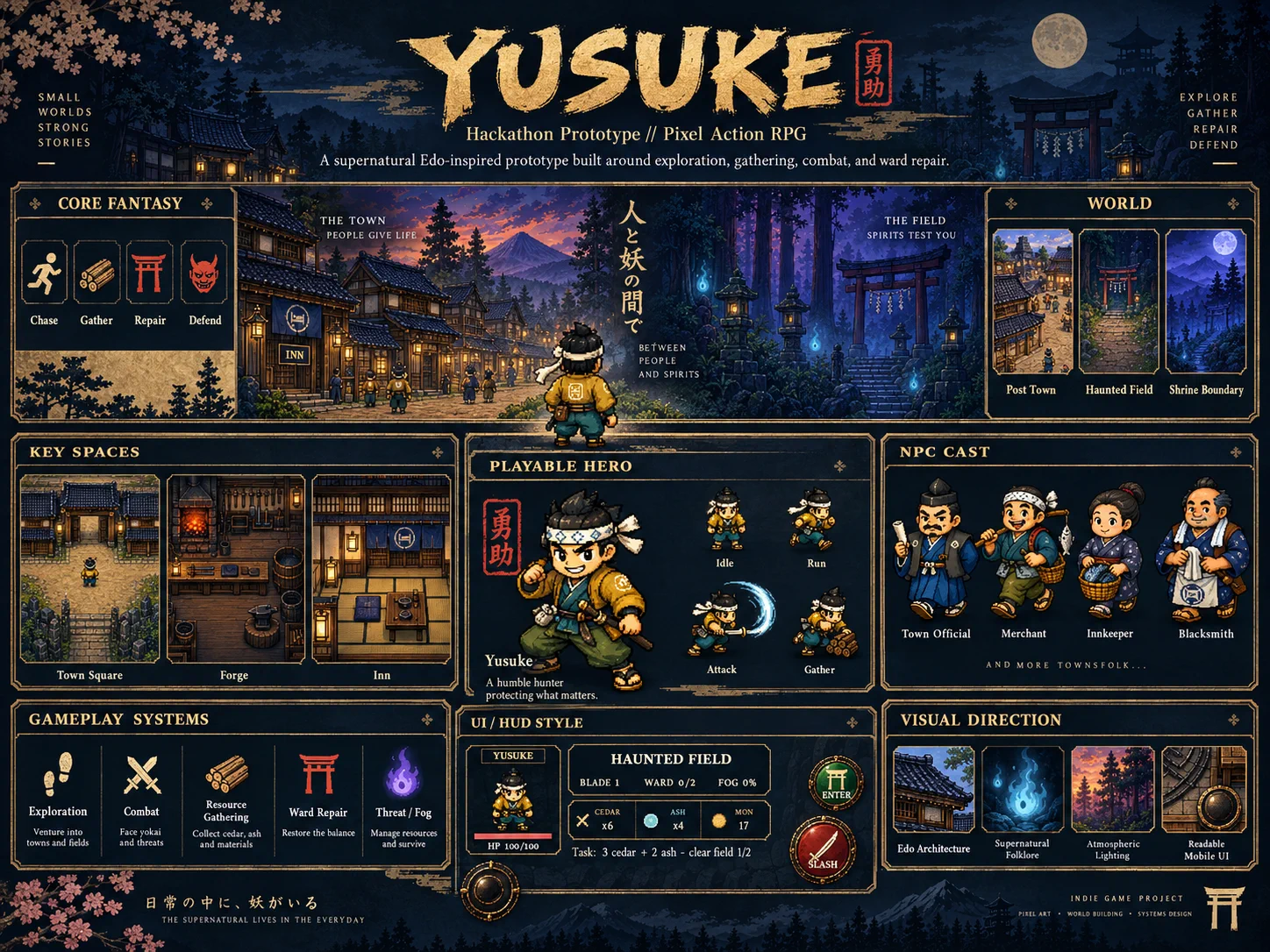 Yusuke pixel action RPG game bible and systems board